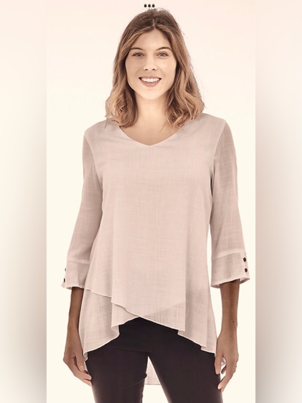 DKR Apparel 3/4 Sleeve Tunic Top with Tulip Hem-Taupe